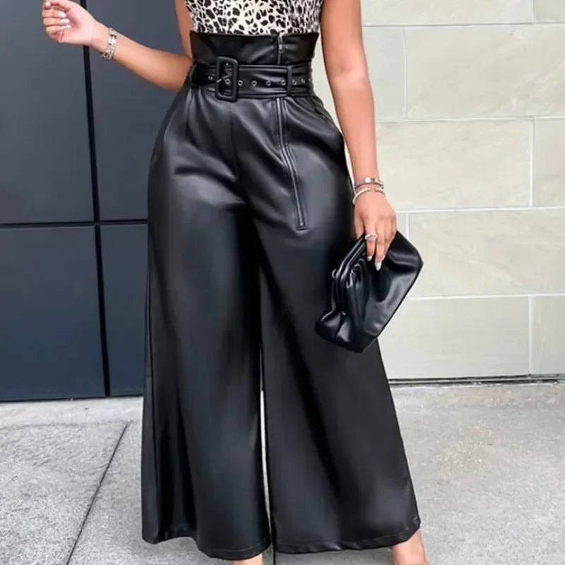Pantalon taille haute en cuir PU pour femme, pantalon large noir, streetwear décontracté, surintendant ser, articles en gros, mode adt