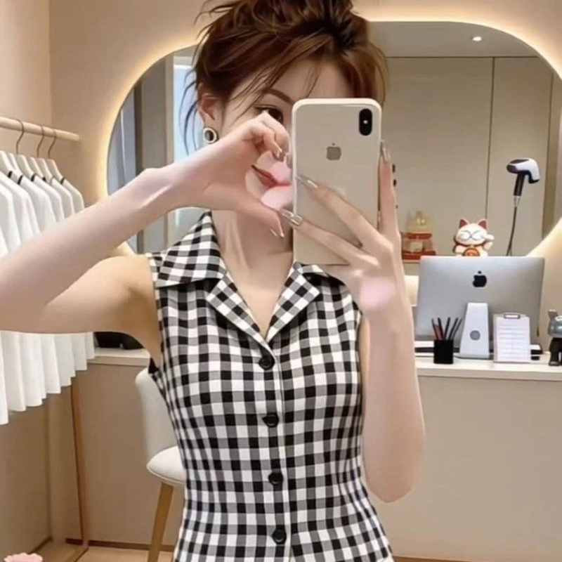 Nouvelle Collection Été Femme : Blouse Chic Sans Manches à Carreaux, Col Polo Boutonné, Coupe Slim, Tendance Mode