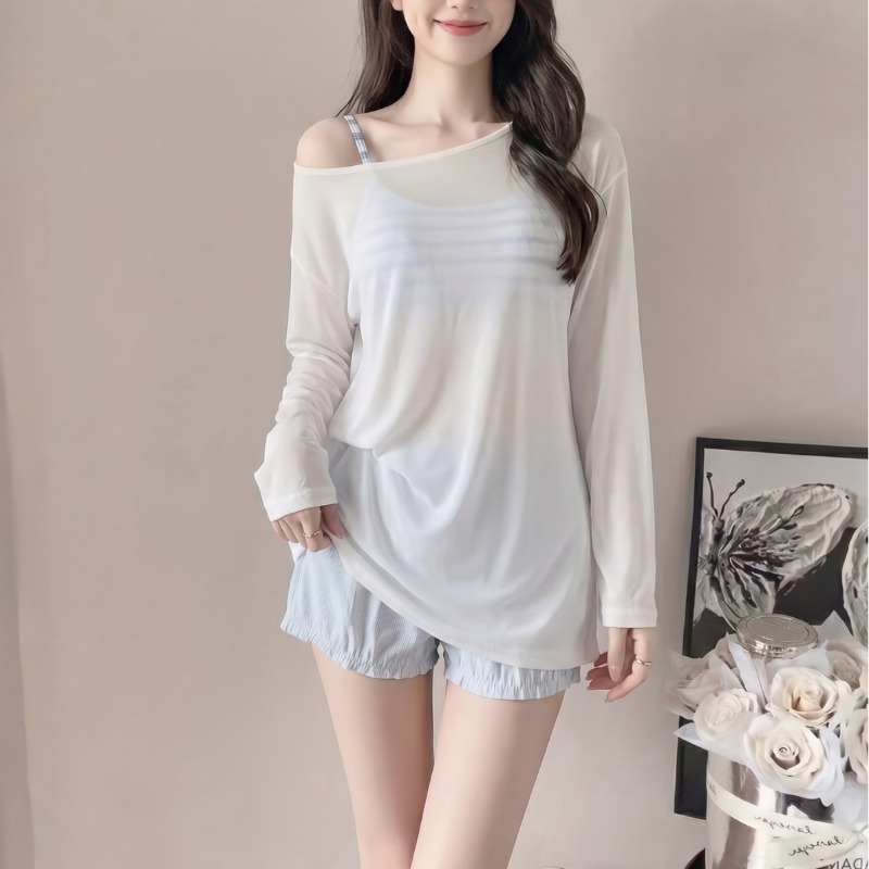 Camisole rayée pour femmes, épaules dénudées, manches longues, couverture en maille, short bleu clair avec cordon de serrage, maillot de bain d'été pour la plage