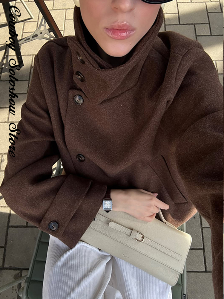 Manteau en laine à col haut uni pour femmes, élégant, chaud, à simple boutonnage, manches longues, avec poches, manteau court, nouvelle veste d'hiver quotidienne pour femme.