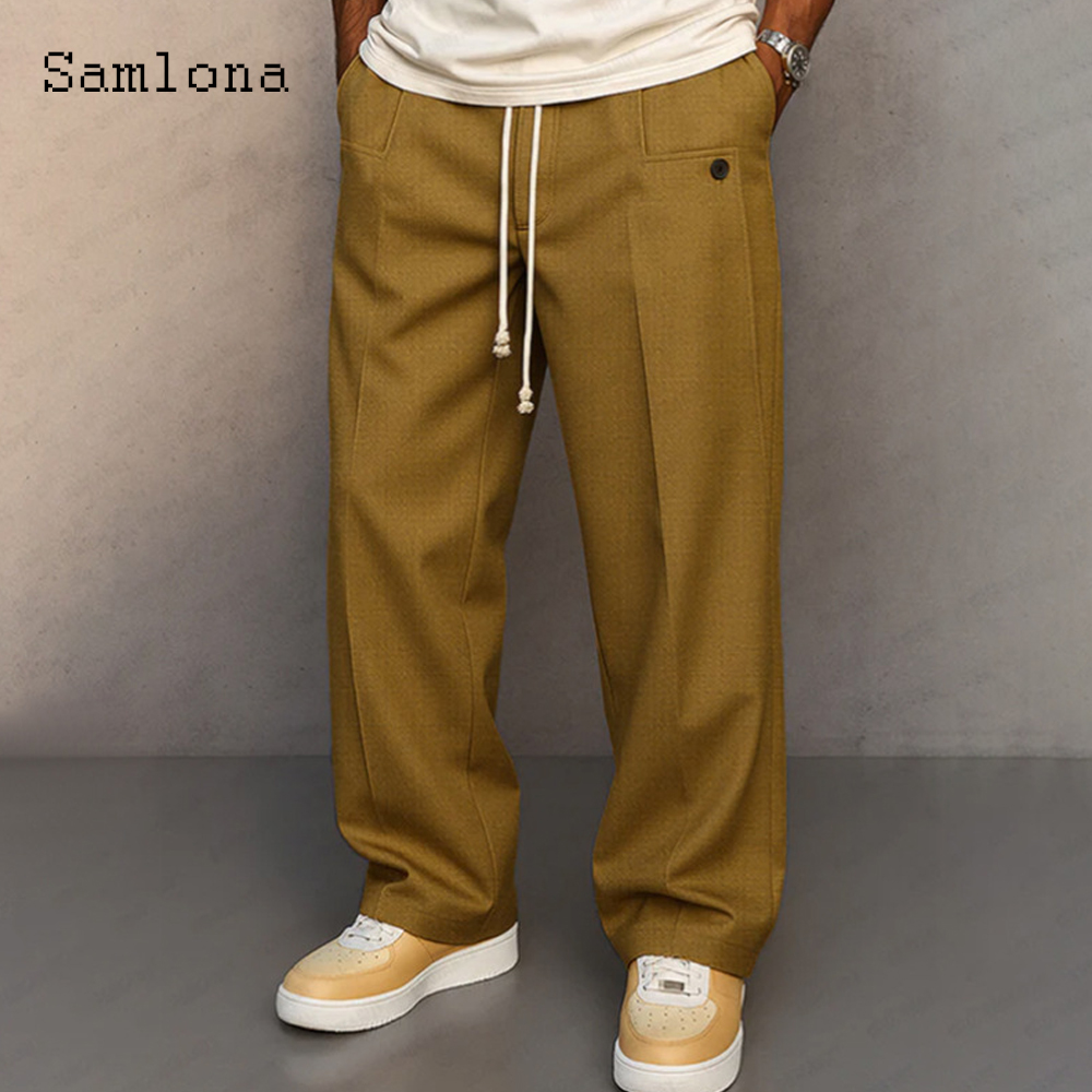 2025 hommes Stand poche pantalon droit décontracté grande taille 3xl hommes Baggy cordon pantalon mâle cheville longueur bas kaki jaune