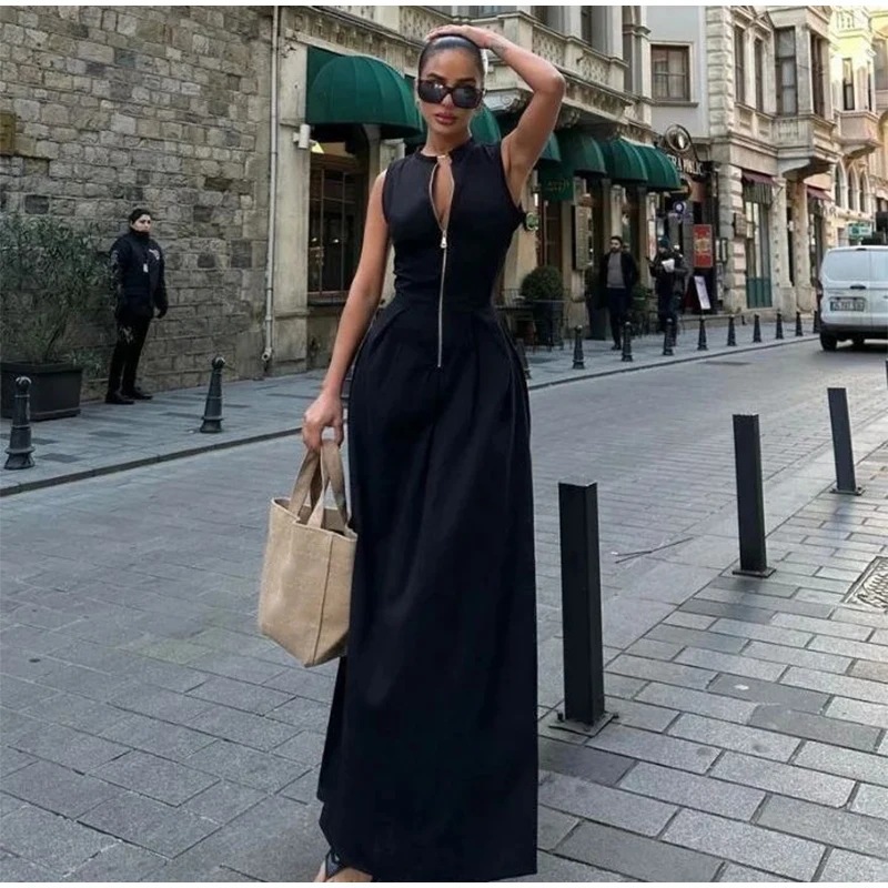 Robes longues drapées 2026 pour femmes, robe maxi sans manches zippée, robes d'été pour femmes, robes de soirée froncées pour femmes