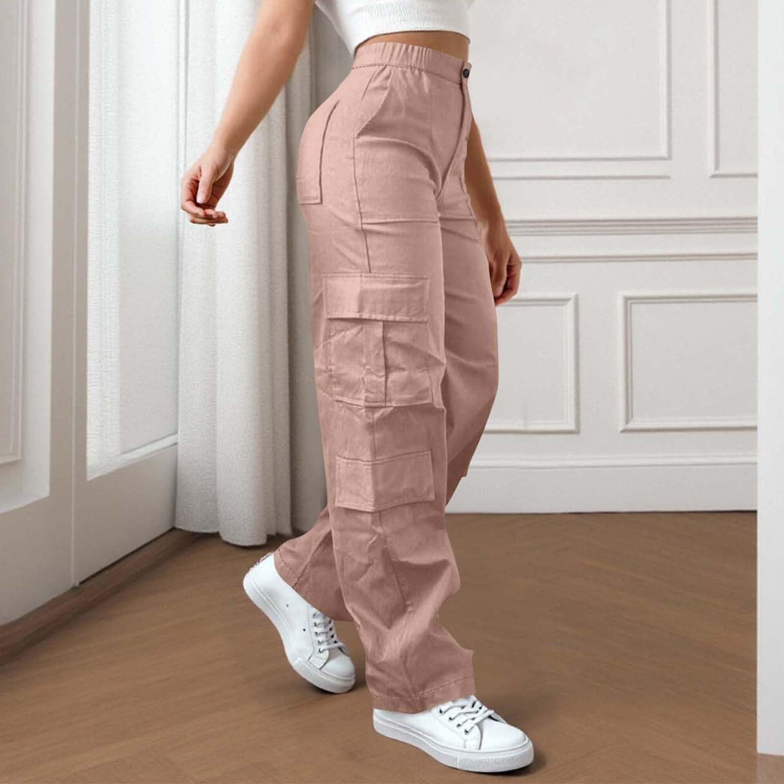 Pantalon Cargo décontracté pour femmes, taille élastique, jambe droite, avec boutons, poches zippées, vêtements de travail de randonnée en plein air, couleur unie