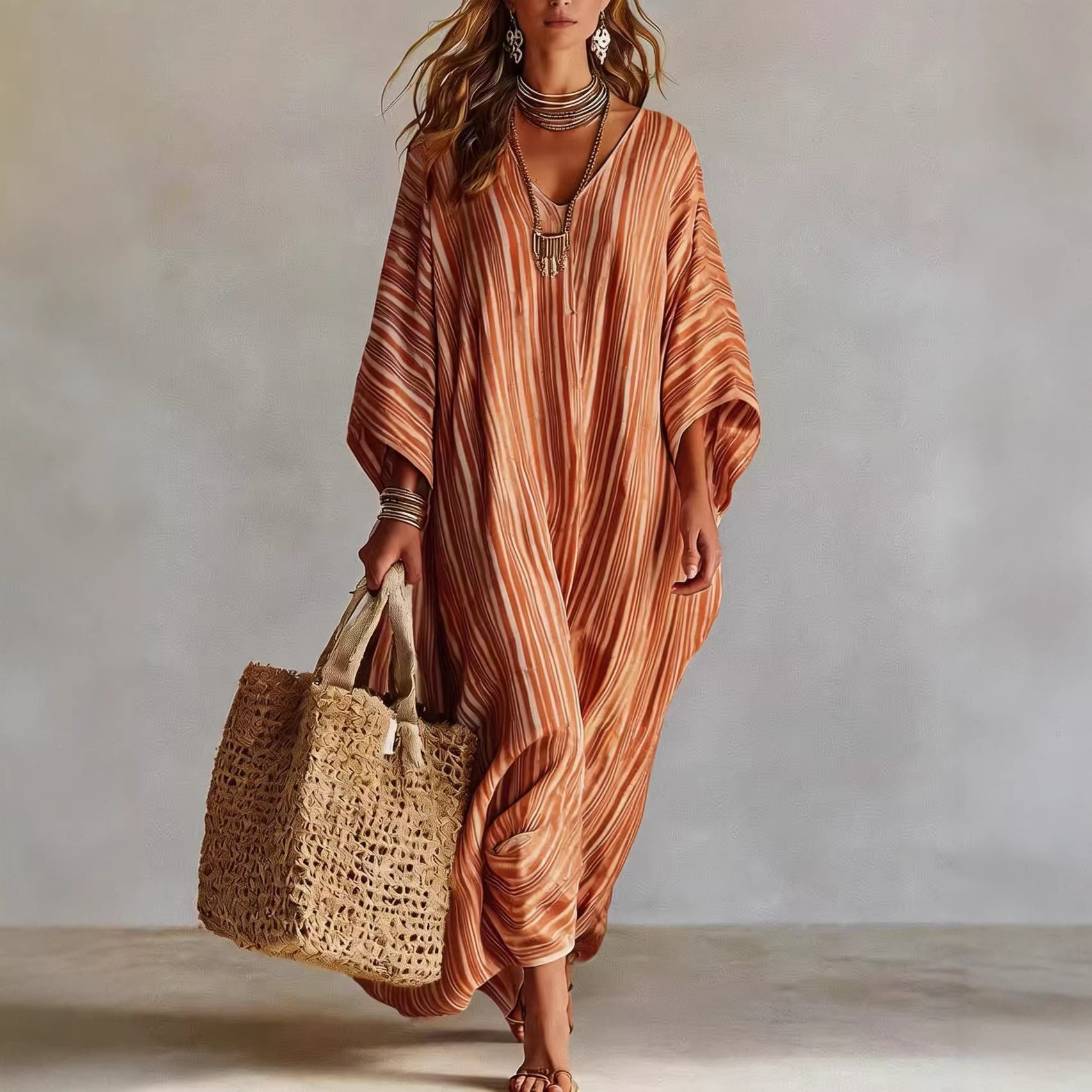 Robes pour femmes rayées, nouvelle mode estivale, col en V, manches courtes, robe de soirée tendance, robes décontractées amples pour femmes