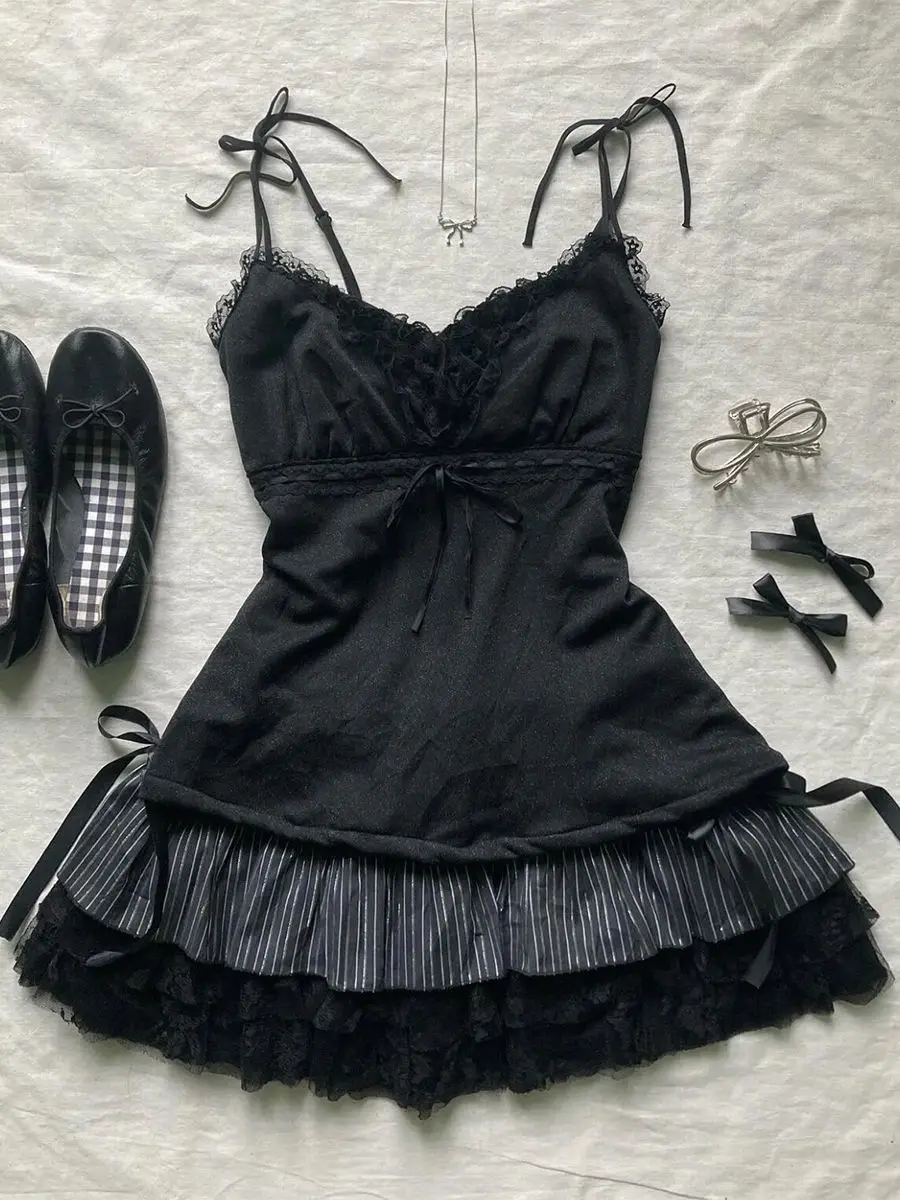 Punk Y2k jupes femmes vêtements Goth Sexy Ropa esthétique rayure taille haute dentelle nœud MIni jupes Grunge Emo fille 2000s jupe courte
