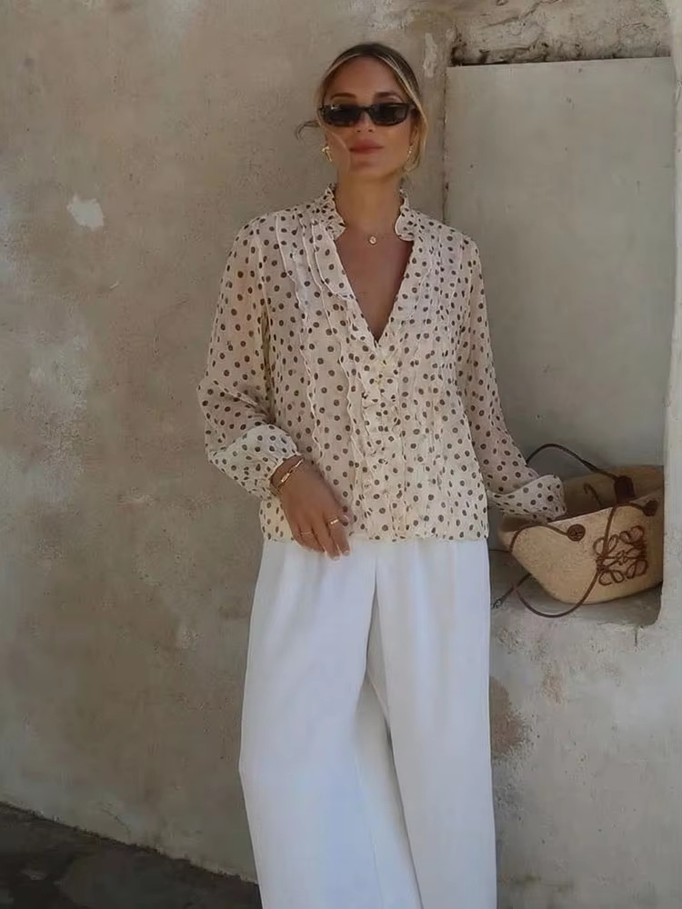 Chemises amples à volants pour femmes Printemps Été Femme Manches longues Superposées Col en V Chemise sexy Femme Casual Mode Blouses polyvalentes
