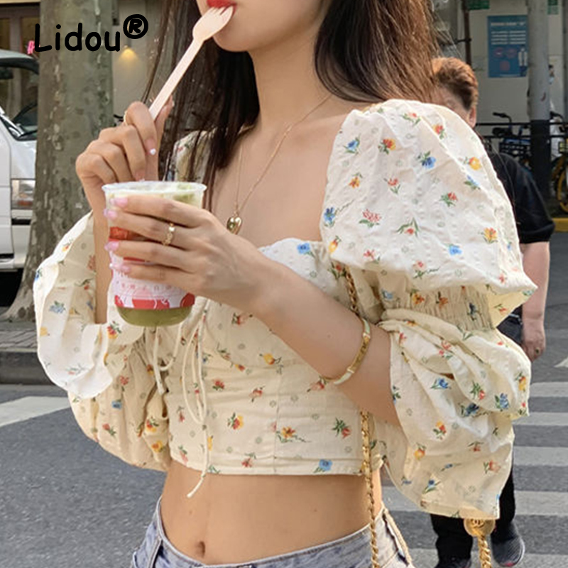 Chemisier Vintage à manches évasées pour femmes, imprimé Floral coréen, laçage, chemise décontractée, col carré, doux, haut court élégant, printemps été