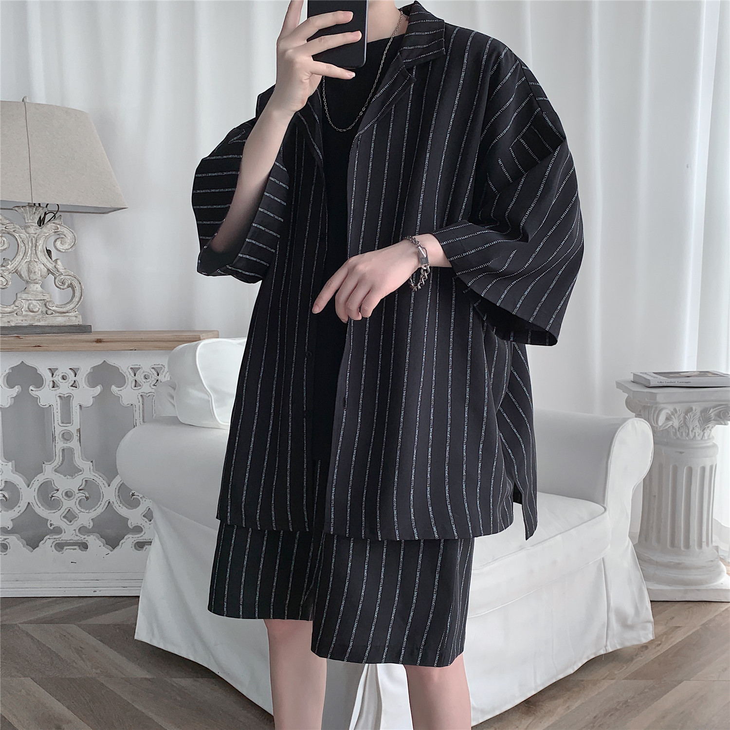 Veste et short de survêtement de Style coréen pour hommes, ensemble 2 pièces, costume de sport à rayures d'été, vêtements surdimensionnés légers 5XL