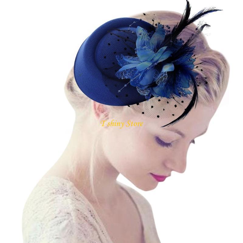 Accessoires de mode pour cheveux : Fascinator pour femme, chapeau de cocktail, chapeau de fête, coiffe de mariage ou d'église avec voile, fleur et plume