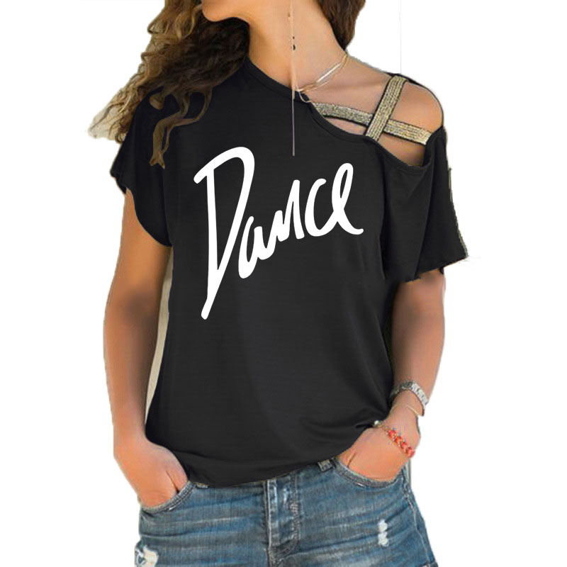 Femmes T-shirt ample Slash cou T-shirt dames décontracté lettre danse T-shirt été décontracté irrégulier biais croix pansement hauts T-shirt