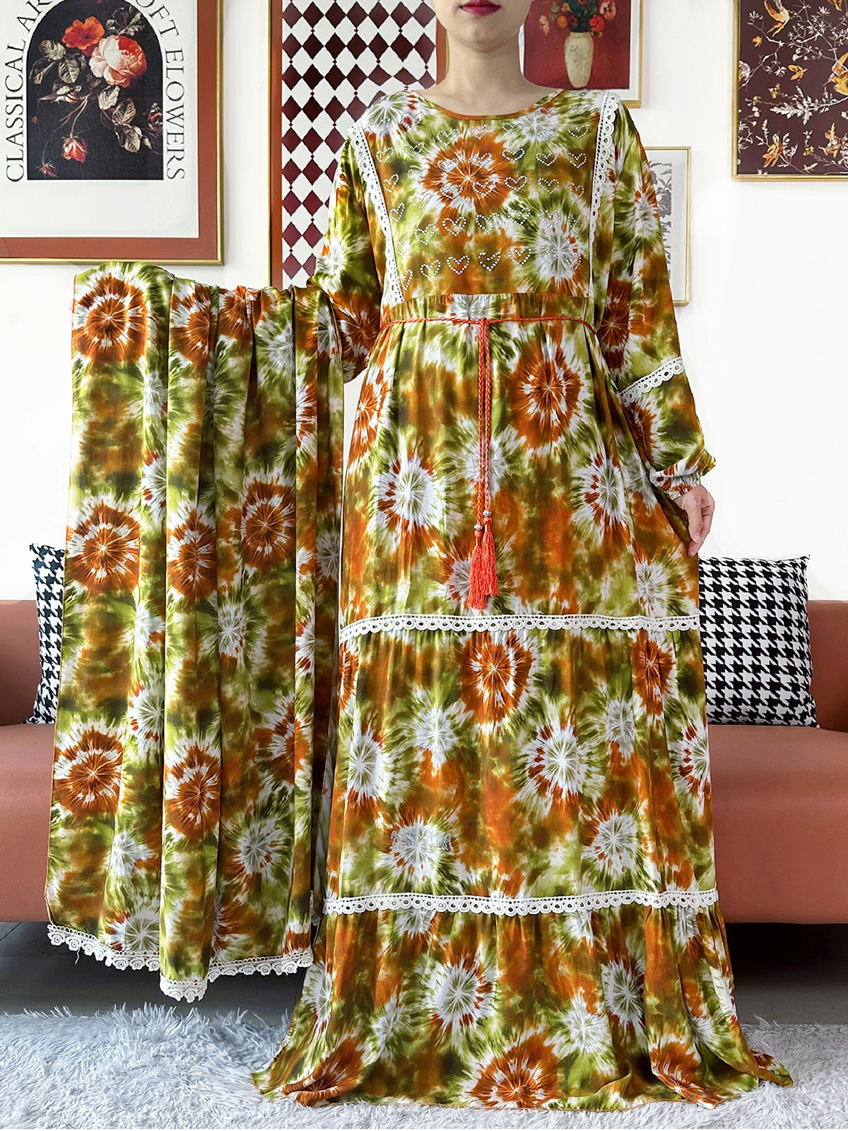 Nouvelle Robe de Soirée Kashkha pour Femme avec Grand Foulard, Abaya Florale en Coton, Boubou Africain, Kaftan Ample Musulman, Robe Longue pour le Ramadan