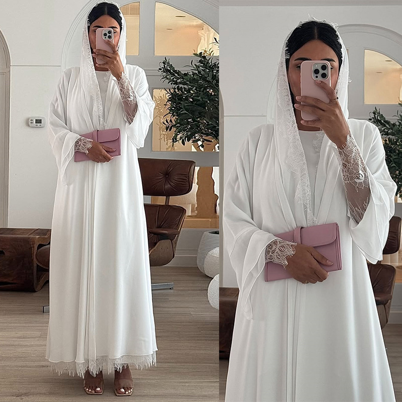 Abaya ouverte en mousseline blanche pour femmes musulmanes, luxe Dubaï 2026, ensemble robe hijab à manches en dentelle, Kaftan long modeste pour l'Aïd et le Ramadan, robe de soirée