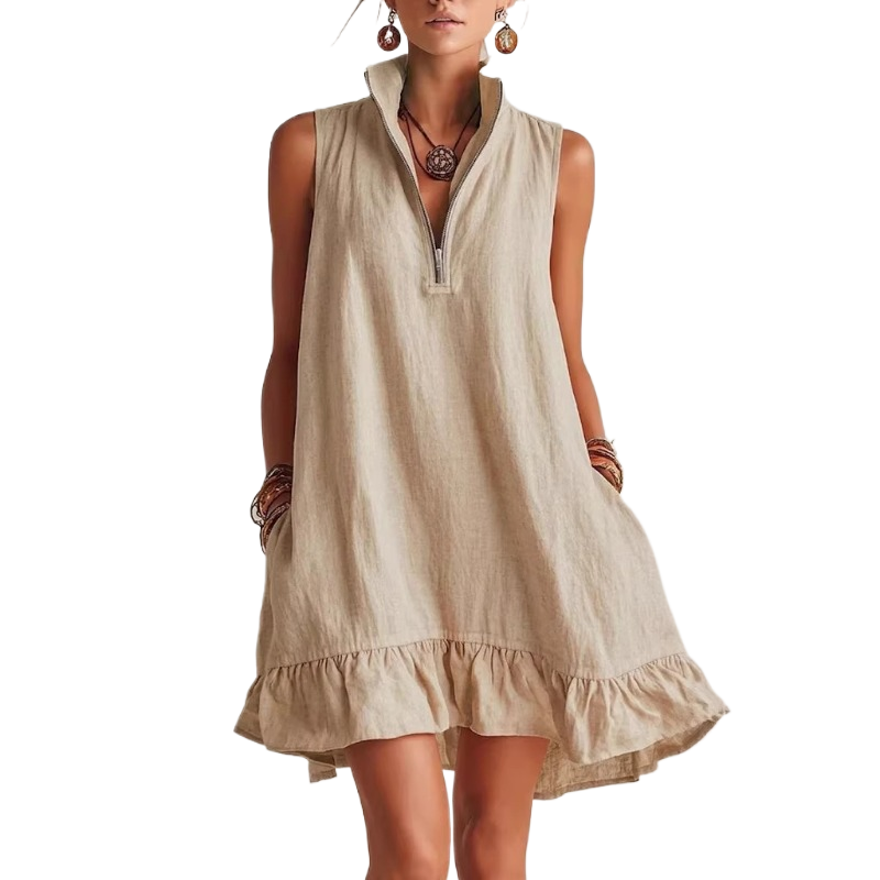Robe mini bohème unie sans manches pour femme, robe de plage pour les vacances d'été, poches, fermeture éclair, col en V, ourlet à volants, robes amples en forme de A