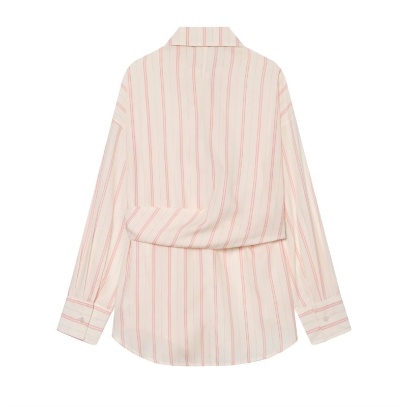 Chemisier rayé pour femme Nouvelle collection Printemps 2026 à manches longues, col en V, avec poche et décoration de nœud, coupe ample