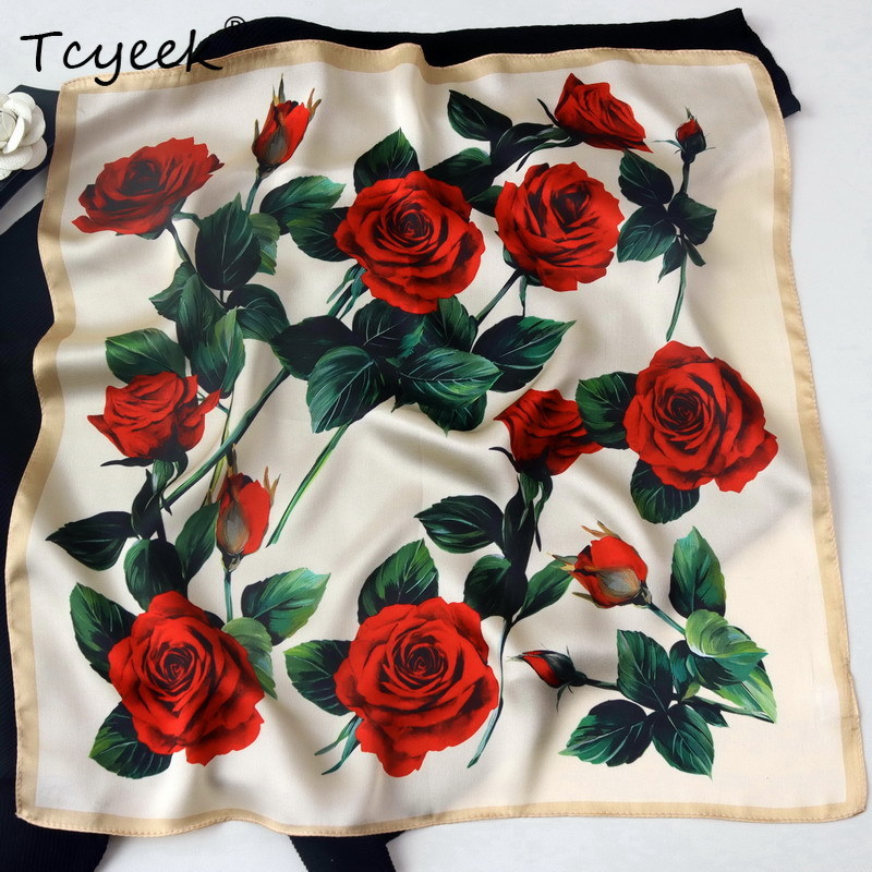 Tcyeek 50*50 cm 100% vraie soie rouge Rose écharpe cadeau de maman élégant foulards foulard carré écharpe 2024 printemps nouveau A3D839QC