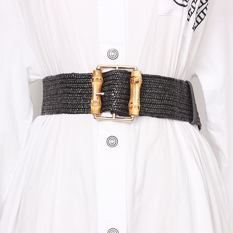 Nouveau tissage élastique femmes ceinture marque de haute qualité bohème bambou aiguille boucle herbe tricot robe Cintos blanc cassé ceinture