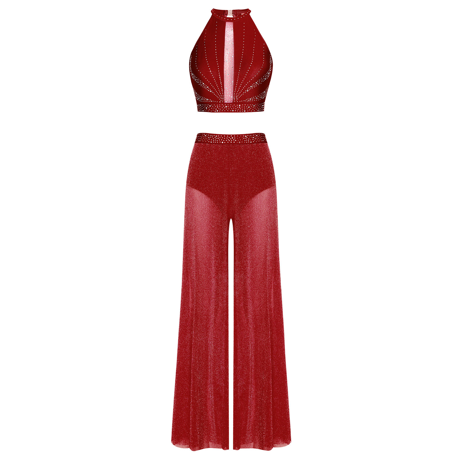 Tenue de danse lyrique pour femmes, costume de performance avec strass, débardeur ajouré et pantalon large en maille scintillante