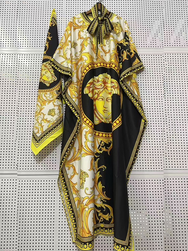 Robe ample élégante à imprimé floral bohème pour femme 2026, col semi-ouvert, manches chauve-souris, robe de vacances avec foulard en soie