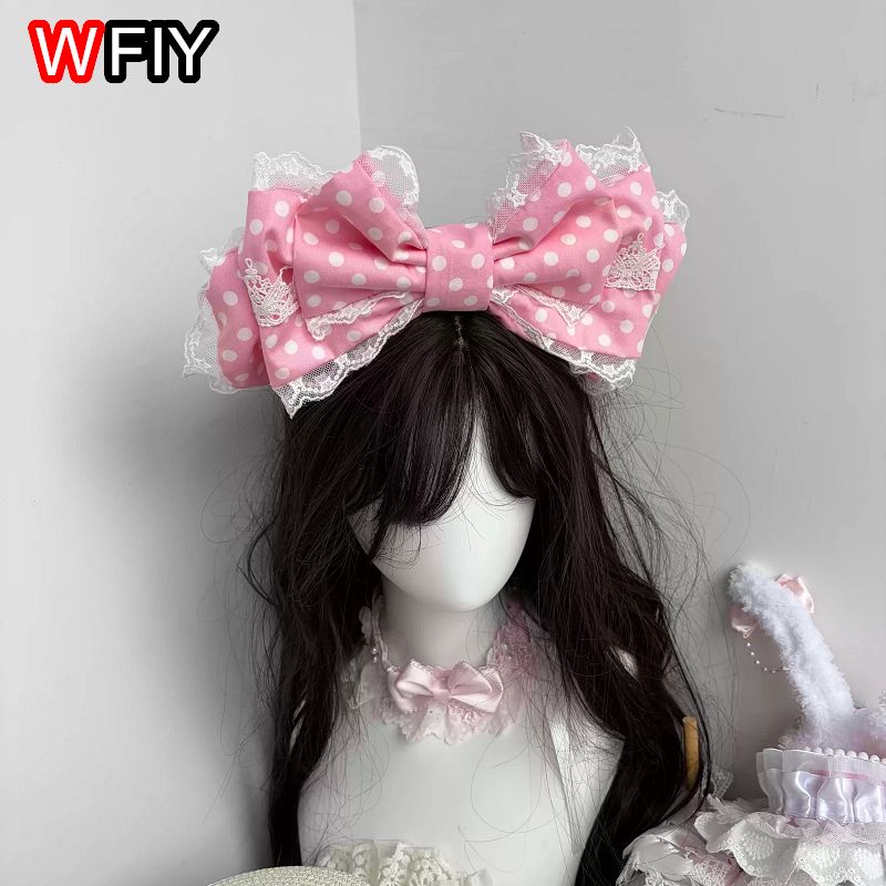 Serre-tête original fait main à pois rose clair à trois couches, style Lolita, pour fête du thé, accessoire de cheveux grande taille KC