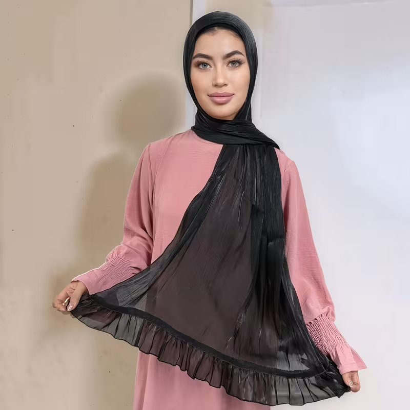 Écharpe Hijab légère pour femmes, châle rectangulaire Long et élégant avec tissu plié brillant, châle en mousseline de soie plissée à paillettes