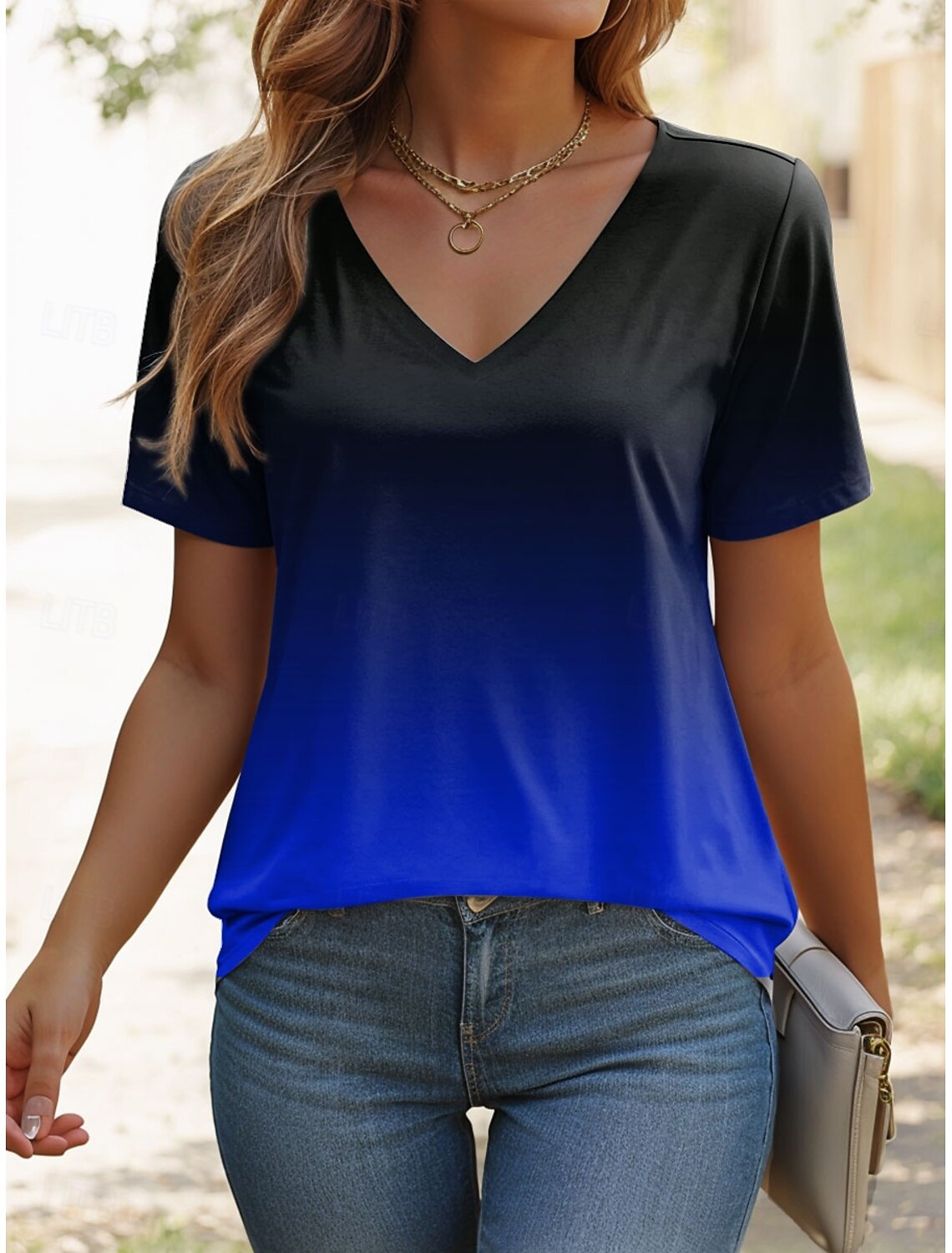 T-shirt femme Ombre graphique élégant décontracté manches courtes col en V hauts réguliers imprimé quotidien été dégradé femmes mode t-shirts