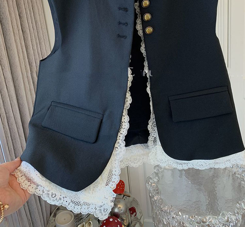 Femmes dentelle Patchwork gilet coréen col rond décontracté sans manches vestes 2025 femme gilet ample Vintage Chic hauts femmes vêtements
