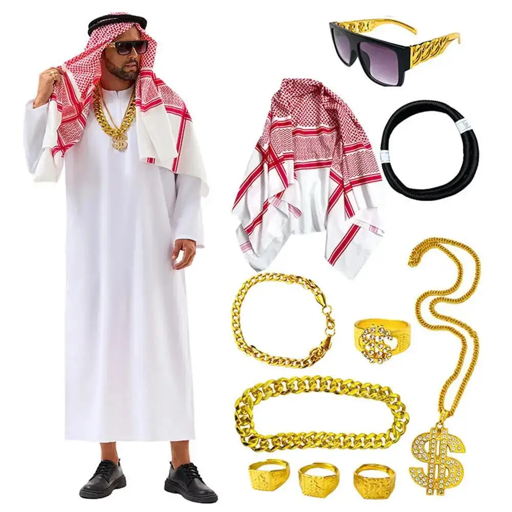 Costume arabe de Dubaï, costume de cosplay de sheik des Émirats arabes unis, robe blanche, foulard pour costume d'anniversaire saoudien riche, costume d'Halloween, tenue de homme riche, polyes