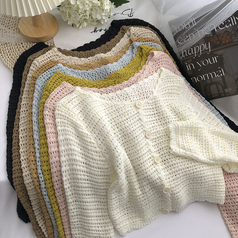 Cardigan en Crochet pour femmes, tricot ajouré transparent, manches longues, boutonné, haut court, haussement d'épaules pour adolescentes, tenue d'automne et de printemps Y2K