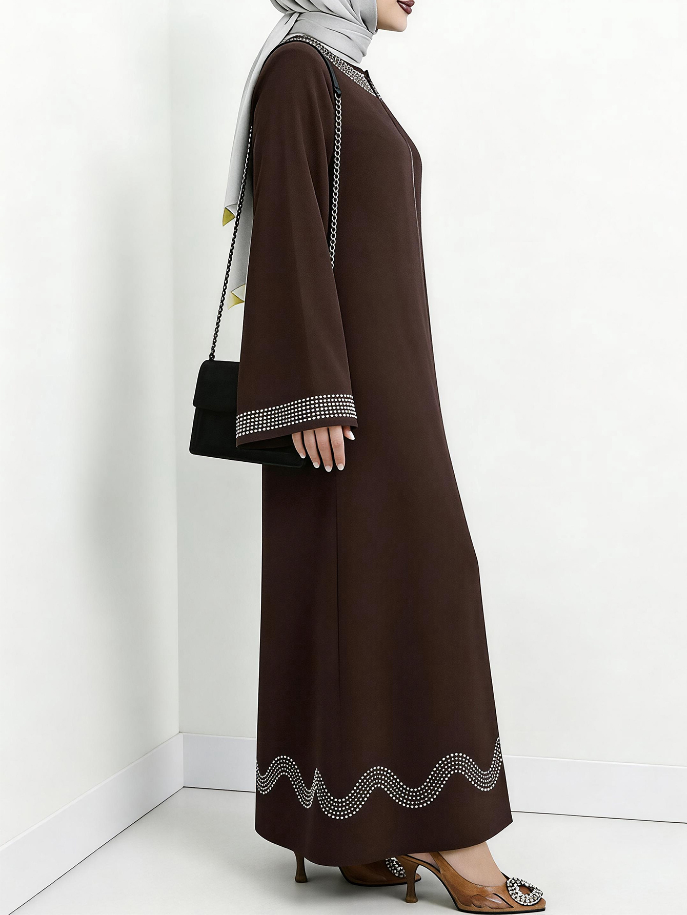 Robe arabe élégante, robe longue à manches longues avec strass, couleur unie, mode féminine du Moyen-Orient