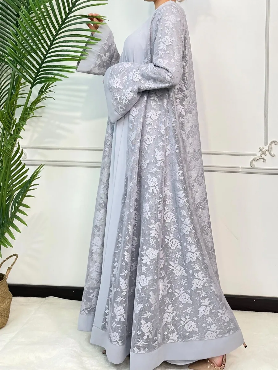 Robe intérieure en dentelle pour femmes, manches évasées, caftan long, Djellaba, robe de soirée de Dubaï, Ramadan, prière de l'Aïd, ensemble de 2 pièces, 2024