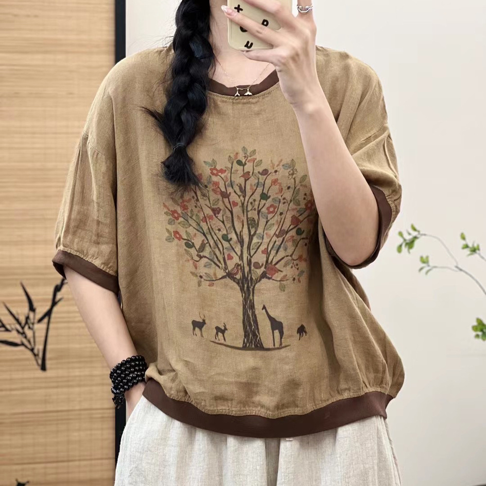 Chemise à manches courtes pour femmes, style japonais, vintage, coton, lin, imprimé d'arbre, t-shirt, grande taille, médicaments, chic, chemisier femme, ample