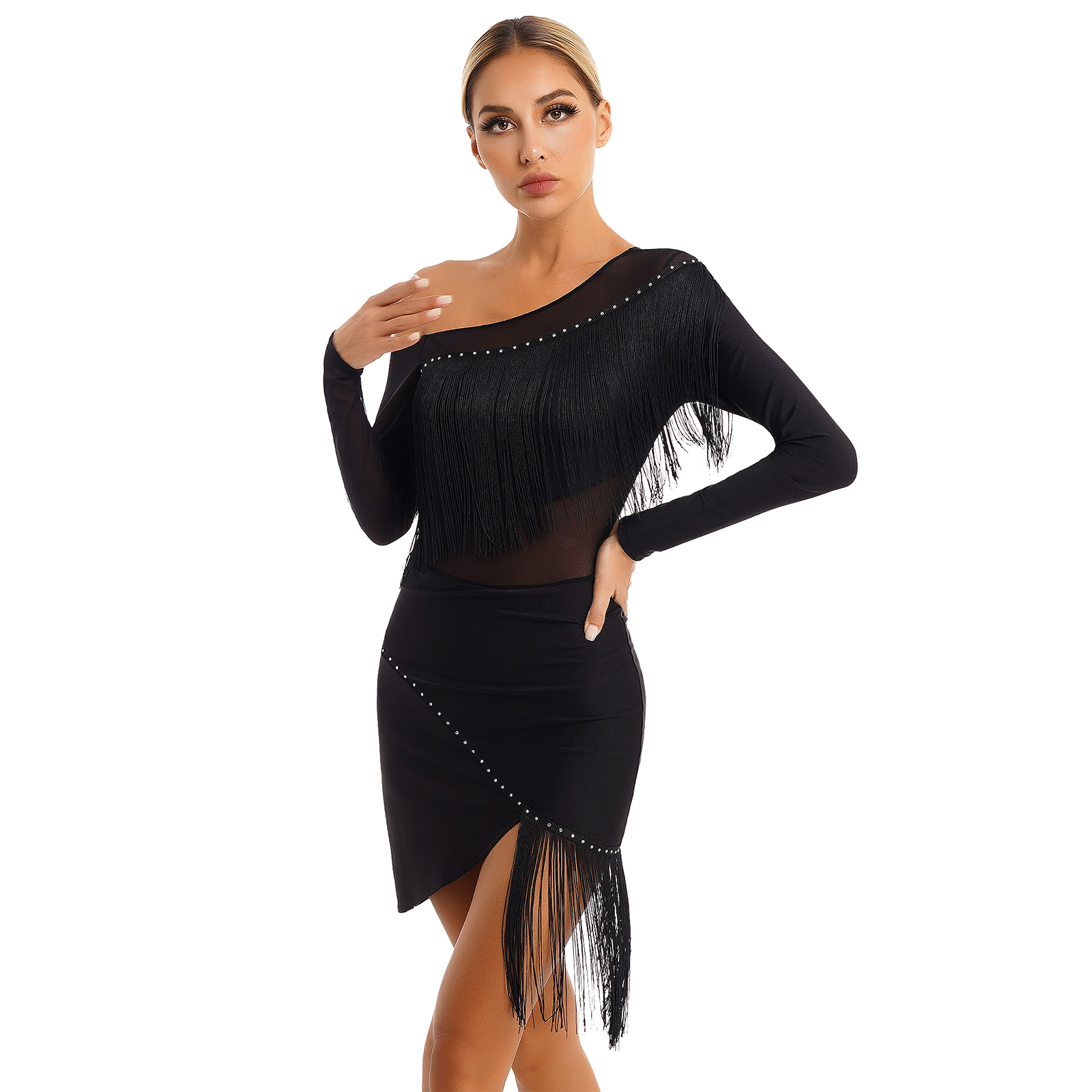 Robe de danse latine pour femmes, épaules obliques, franges, ourlet irrégulier, robes de salle de bal, Tango ChaCha Rumba Samba, Costumes de compétition