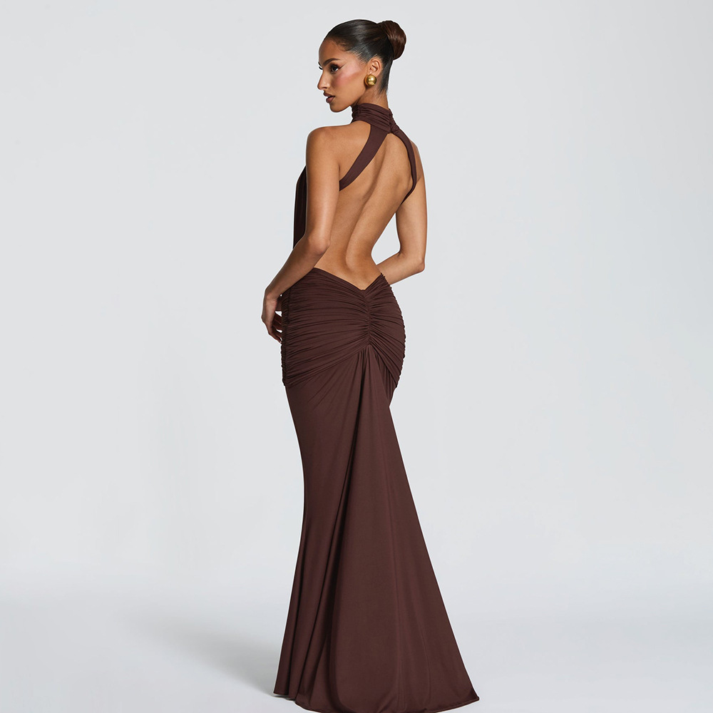 Robe longue élégante marron moulante et sexy pour femme, col roulé de luxe, dos nu, noire, pour soirée, robe moulante d'été