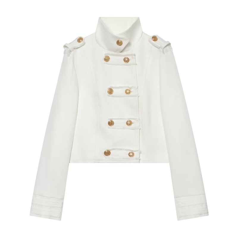 Veste Courte Femme - Manteau Court à Col Montant et Boutons Dorés Croisés, Nouvelle Collection 2026 Coupe Slim Chic