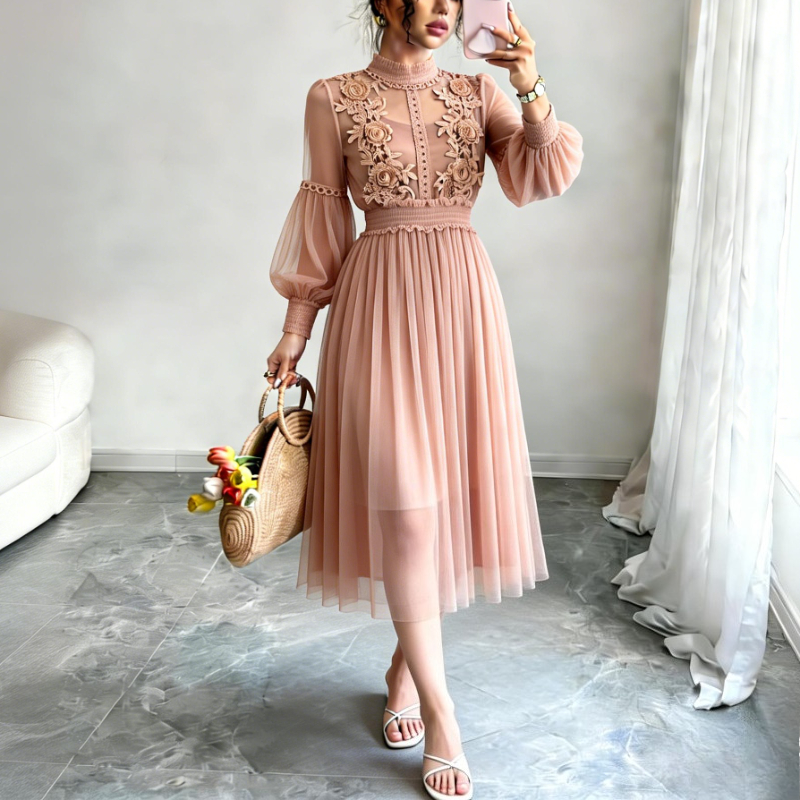 Robe midi en tulle rose poudré pour femme, col montant, broderie florale 3D, manches bouffantes, taille smockée, élégante pour soirée ou invitée de mariage