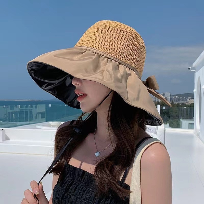 Chapeau de soleil d'été pour femme à large bord, protection UV, doublure occultante, visière à nœud papillon, chapeau de plage à large bord pour femme, pêche en extérieur