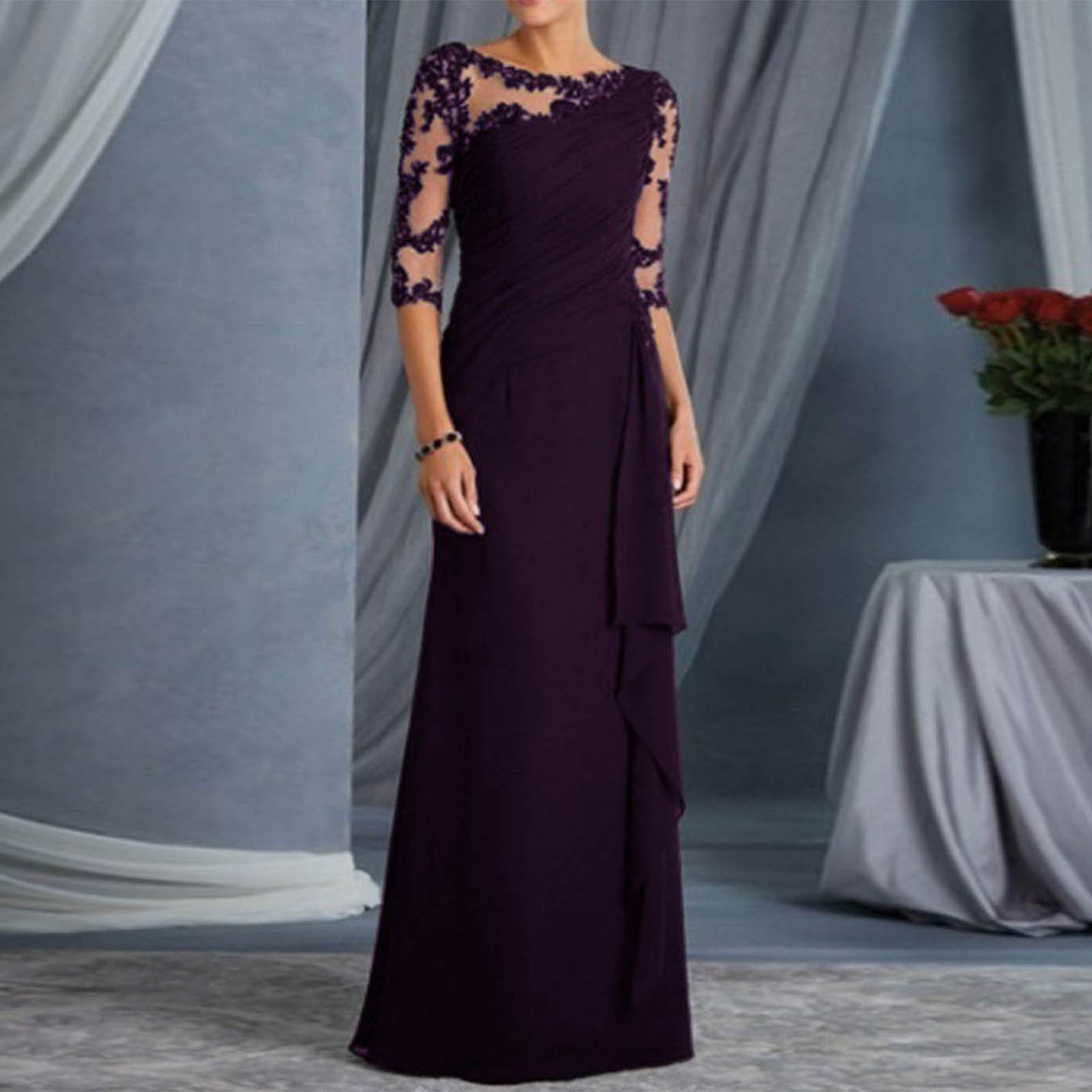 Robe Longue en Dentelle pour Femme, Tenue Élégante, Sexy, Transparente, Col Rond, Manches Mi-sulf, Couleur Unie, pour Soirée, Bal, Cocktail