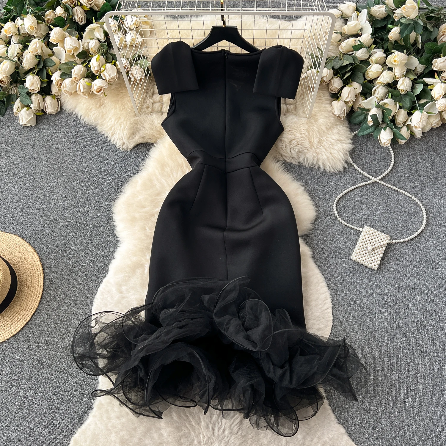 Robe de soirée en maille patchwork pour femmes, robes noires à volants pour femmes, gaine taille haute, robe sexy pour dames, nœud éducatif, livraison directe