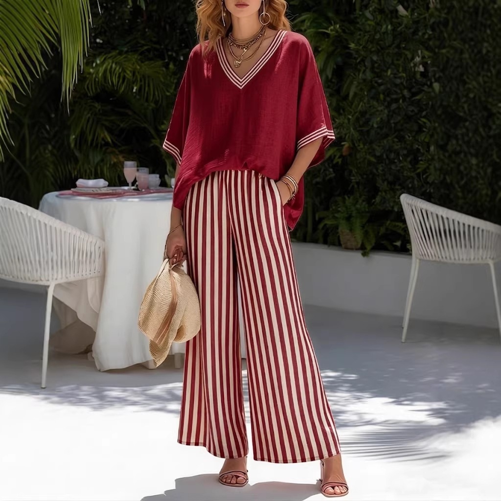 Ensemble décontracté d'été pour femme : Haut rayé à col en V et pantalon large taille haute