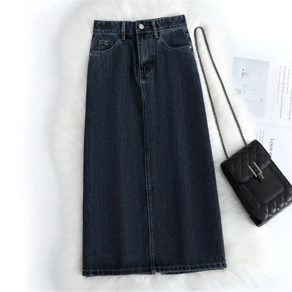 Femmes Denim jupe printemps une ligne été taille haute ample ourlet fendu bleu foncé Chic décontracté Streetwear Jean Midi jupe Streetwear