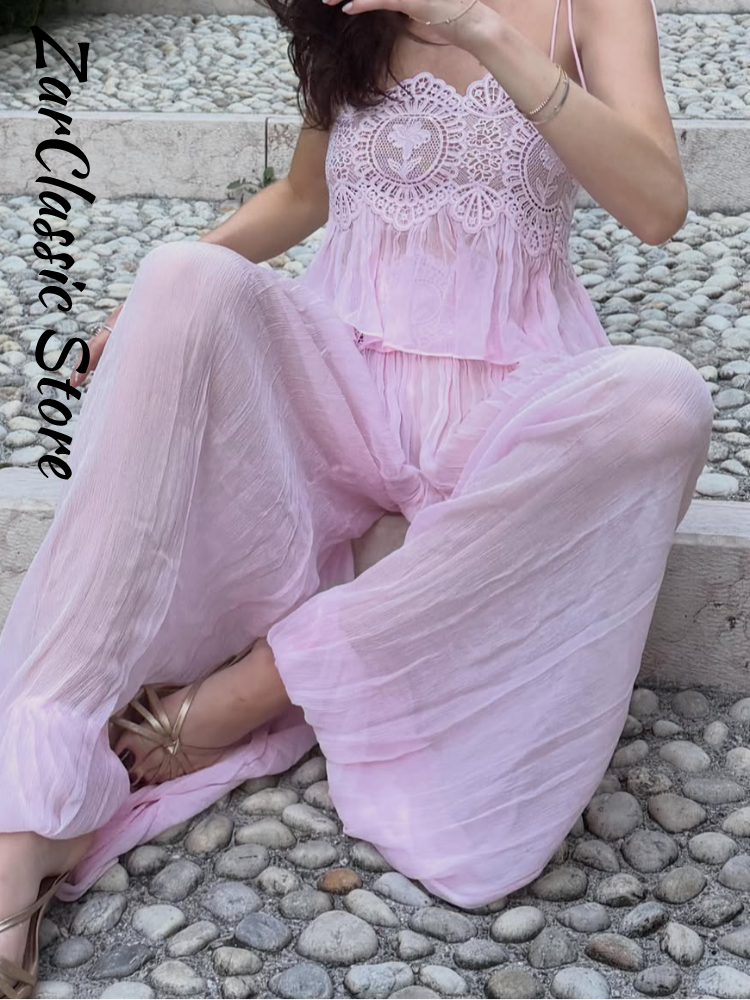 Ensemble femme en dentelle rose plage, débardeur transparent à bretelles et pantalon plissé à jambes larges, tenue décontractée pour les vacances, nouvelle collection