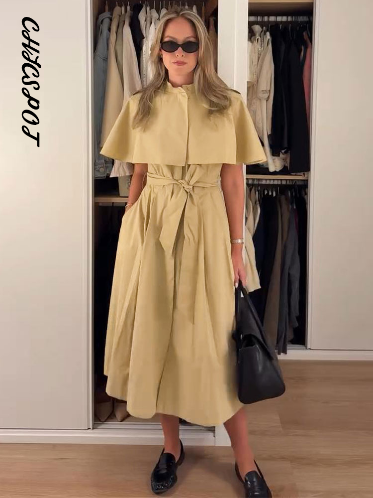Robe chemise plissée à manches longues, à col cape, à lacets, à épaulettes, à taille cintrée, élégante et chic pour femmes, idéale pour les soirées.