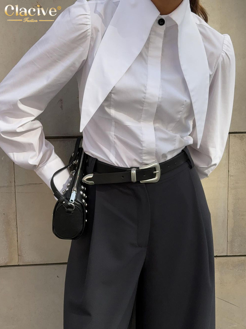 Clacive mode ample blanc coton femmes chemise 2025 décontracté revers à manches longues Blouse élégant classique solide haut femme vêtements
