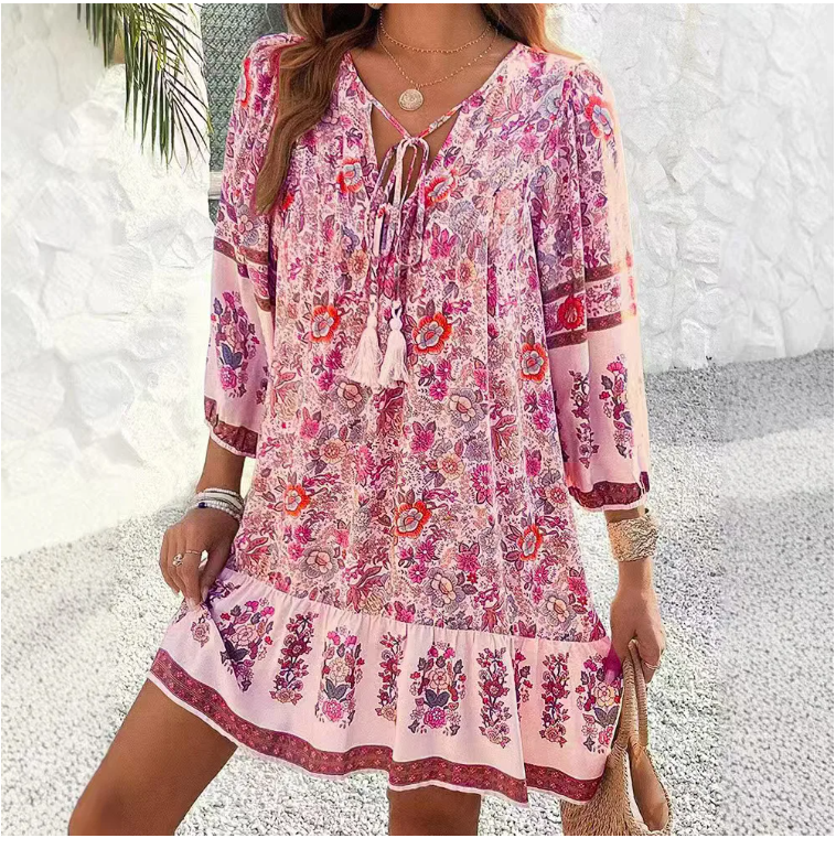 Robe ample à imprimé décontracté pour femmes, à manches longues, col en V, à lacets, style vintage, pull-over, vêtements de vacances bohèmes pour femmes