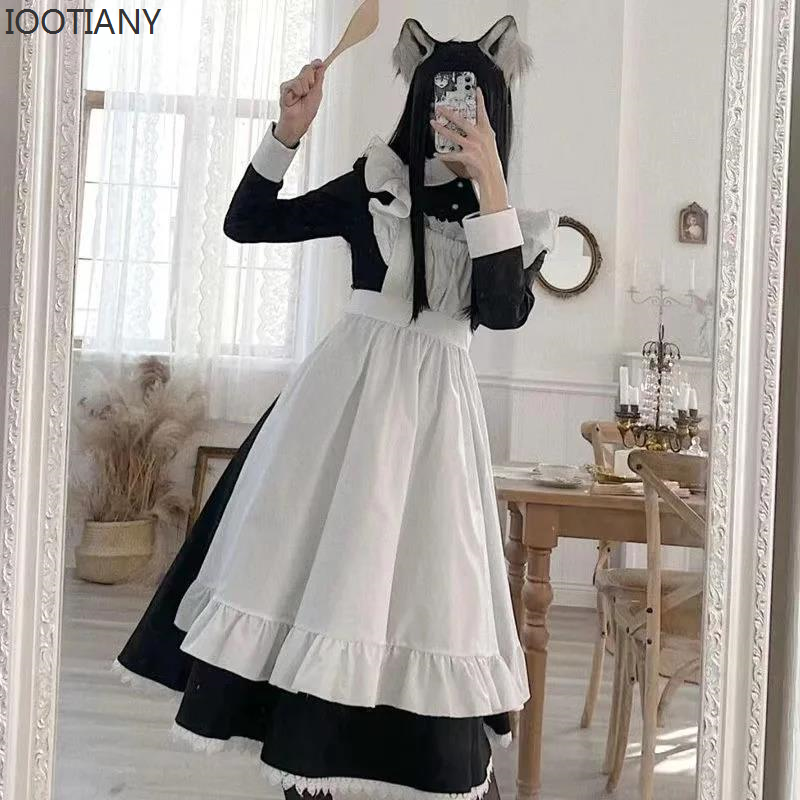 Robe de servante classique Lolita pour femmes IOOTIANY, tenue vintage inspirée de l'anime, cosplay, costume de femme de chambre à manches longues noires pour enfants