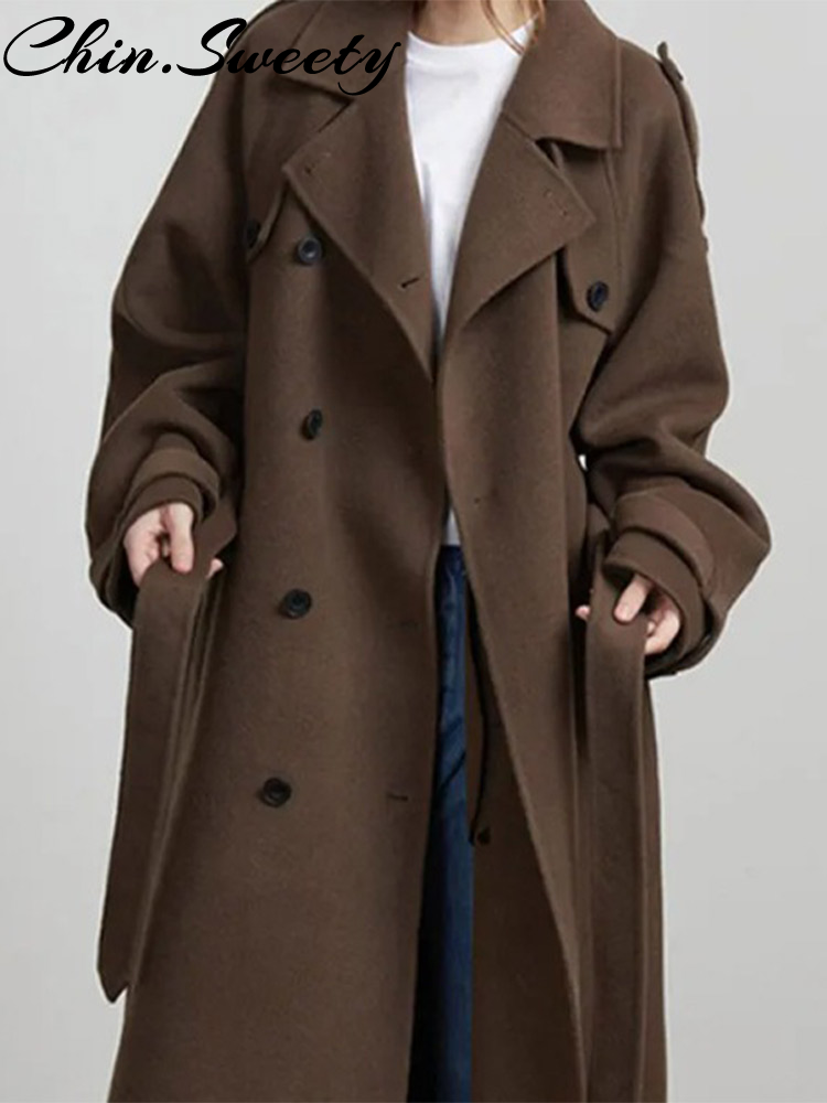 Manteau en laine décontracté pour femmes, mode col rabattu à double boutonnage, manches longues, manteaux féminins, automne hiver 2021, Chic, vêtements d'extérieur pour dames