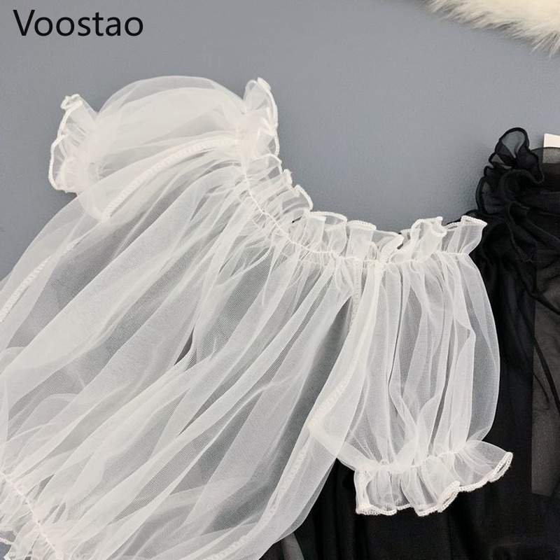 Chemises en maille à volants pour femmes, chemisiers de style Lolita doux, col slash Kawaii, manches courtes bouffantes, sexy et mignon, été