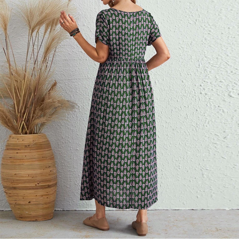 Robe grande taille pour femmes, robe bohème imprimée à manches courtes et col en v, robe longue ample et élégante à taille élastique avec poches