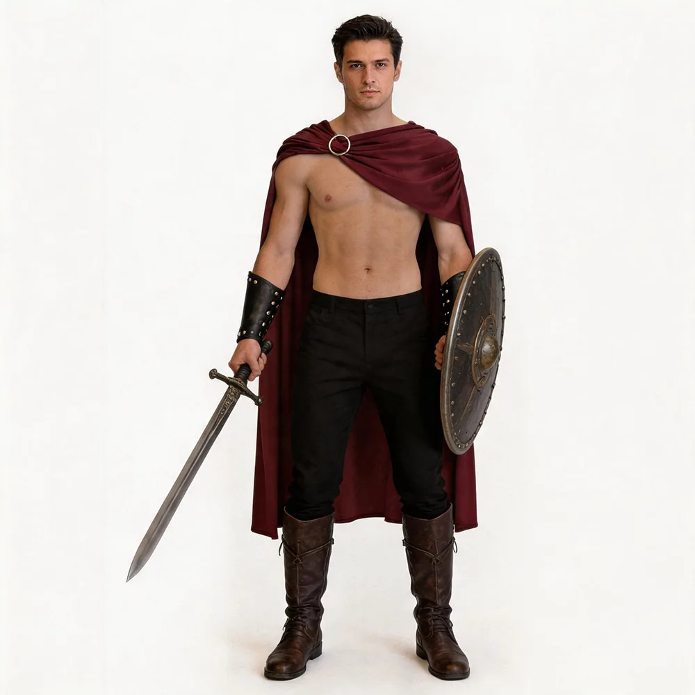 Déguisement de Chevalier Spartiate Guerrier Romain pour Hommes, Cape, Ceinture, Vêtements Noirs, Rouges, Marrons pour Fête de Carnaval