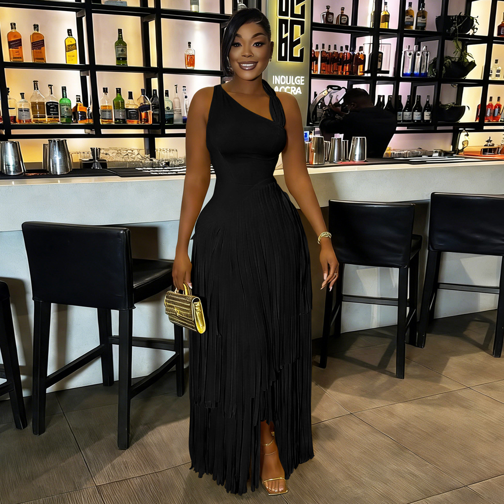 Robe longue asymétrique à franges et à col halter pour femmes, sans manches, plissée, à coupe asymétrique, robe de soirée africaine pour mariage ou réception.
